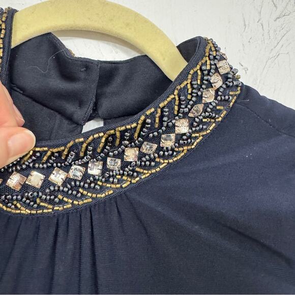 X by Xscape Blue Beaded Collar Formal Mini Dress Women 16 Babydoll Cold Shoulder - Picture 4 of 12